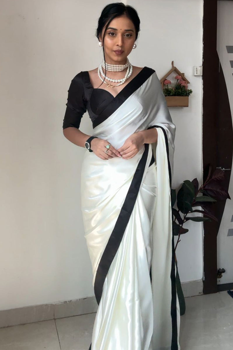 Adorable 1 Minute Ready To Wear White Satin Silk Saree