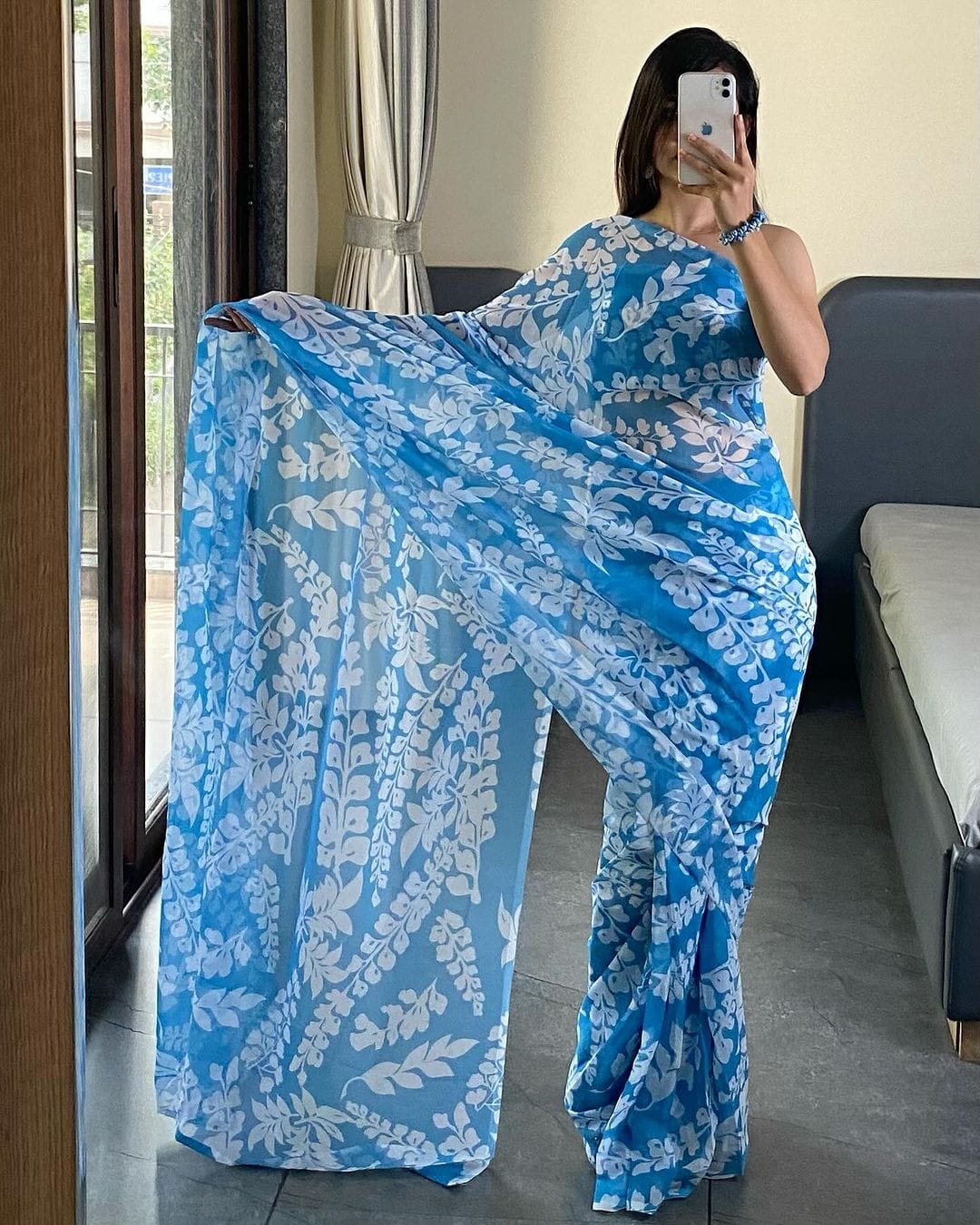 Adorning 1 Minute Ready To Wear Firozi Georgette Saree