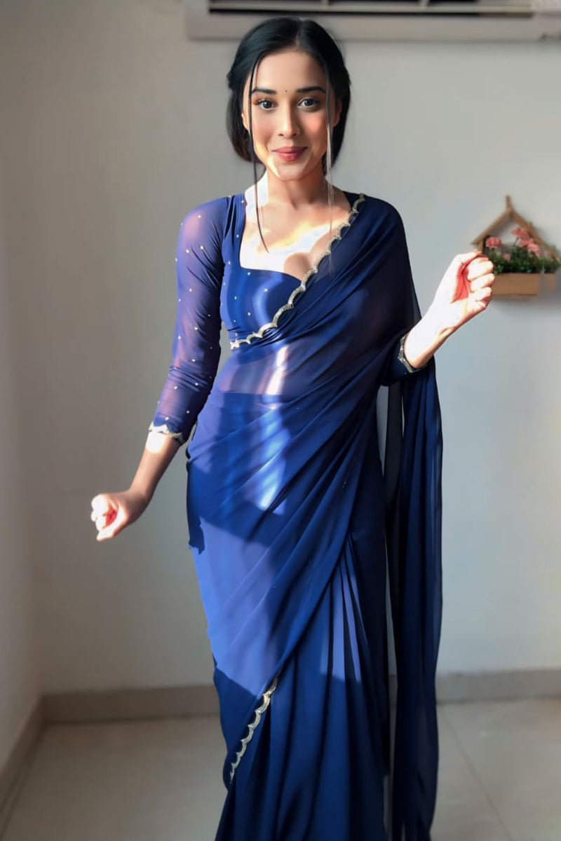 Angelic 1 Minute Ready To Wear Navy Blue Georgette Saree
