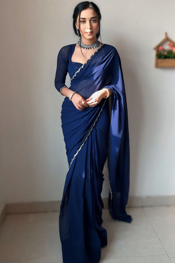 Angelic 1 Minute Ready To Wear Navy Blue Georgette Saree