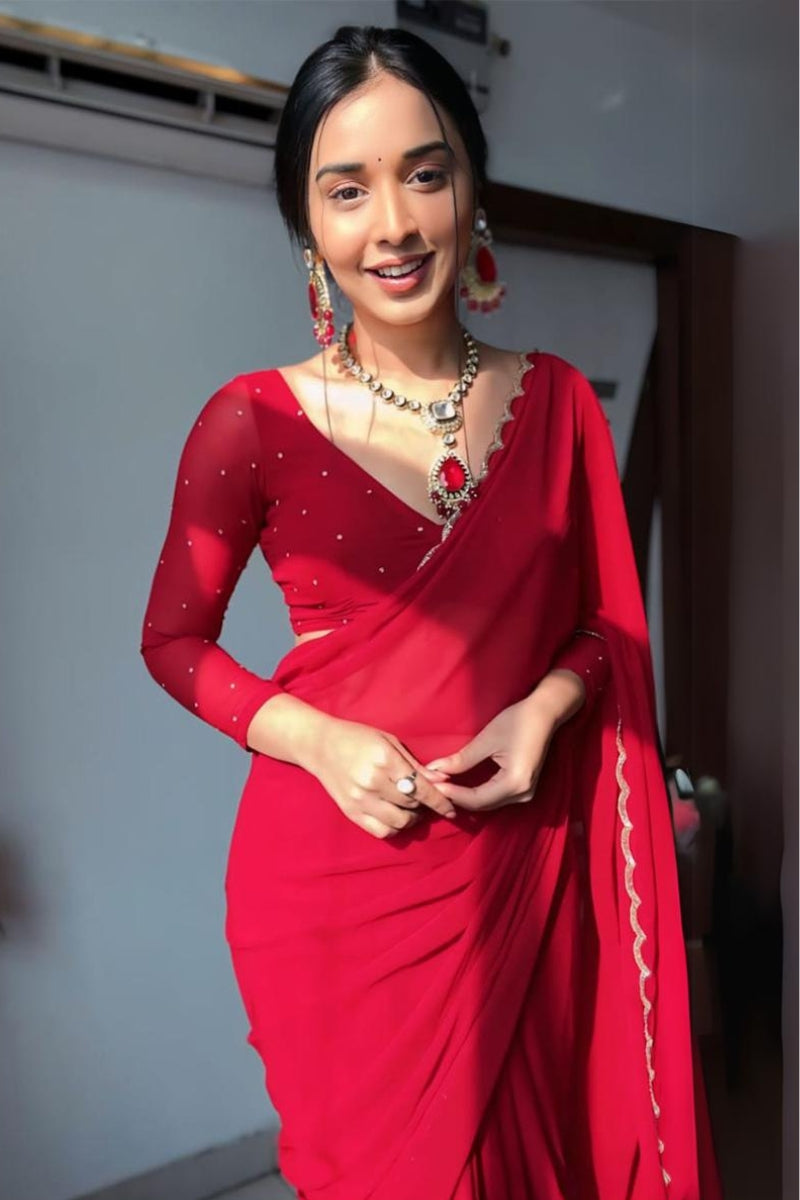 Arresting 1 Minute Ready To Wear Red Georgette Saree