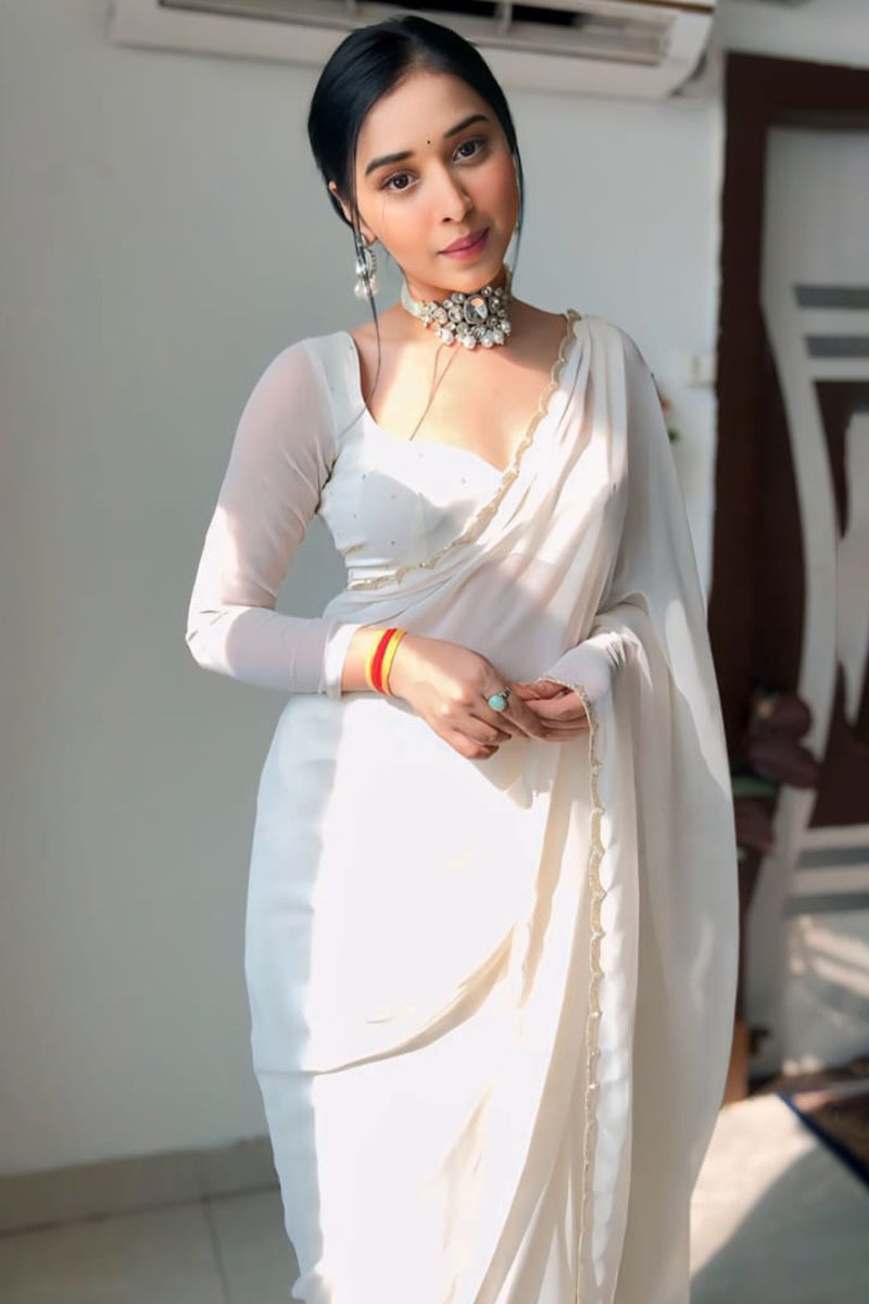 Skinny 1 Minute Ready To Wear White Georgette Saree