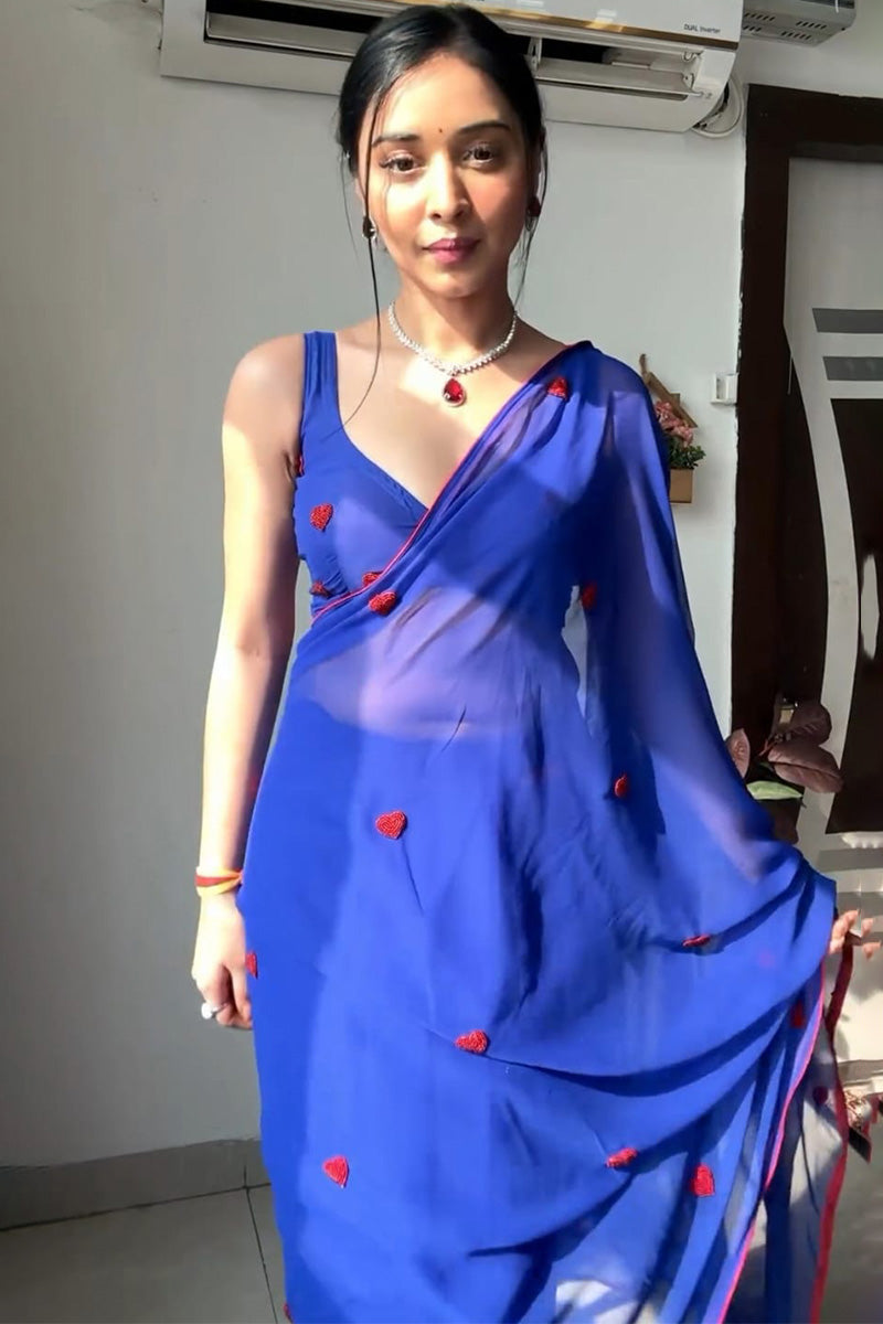 Whimsical 1 Minute Ready To Wear Blue Georgette Saree