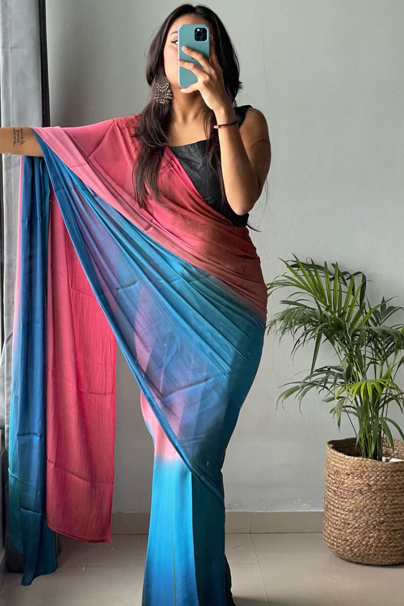 Amazing 1 Minute Ready To Wear Pink and Firozi Chiffon Silk Saree