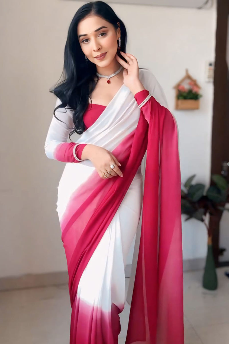 Admirable 1 Minute Ready To Wear Dark Pink and White Georgette Saree