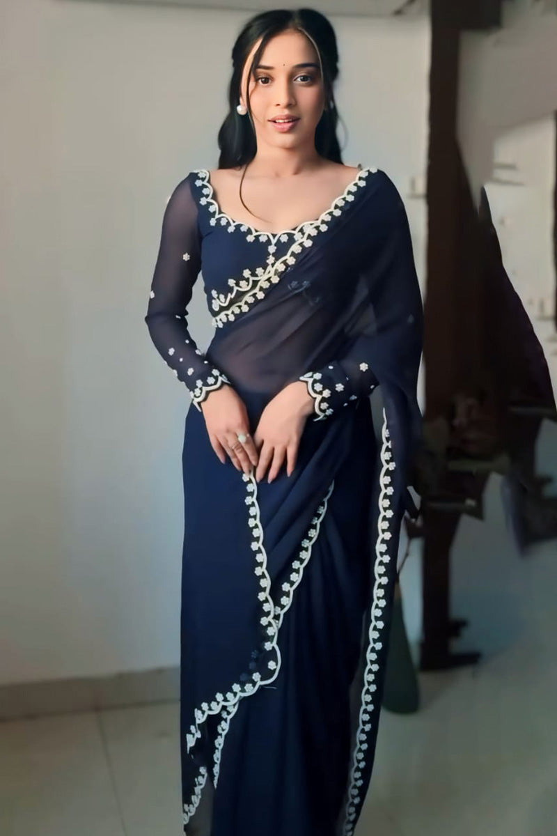 Entrancing 1 Minute Ready To Wear Navy Blue Georgette Saree