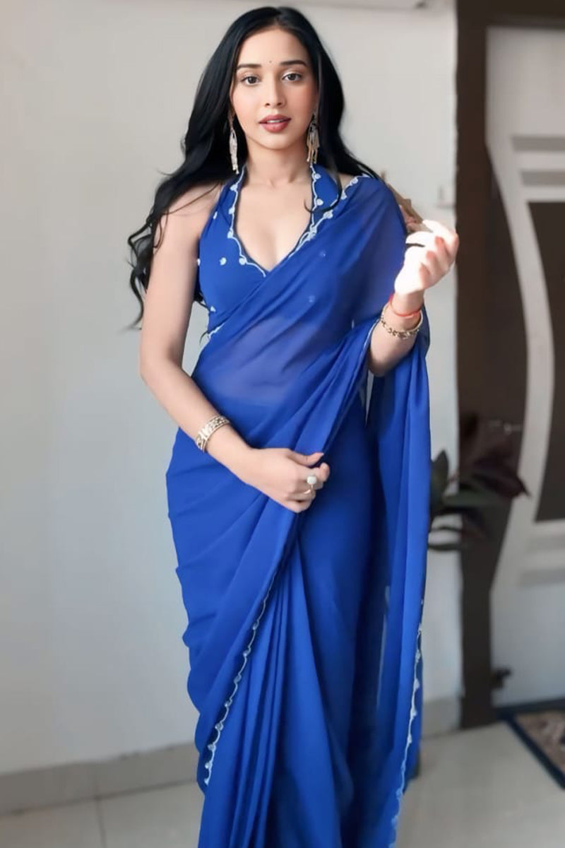 Seraphic 1 Minute Ready To Wear Royal Blue Georgette Saree