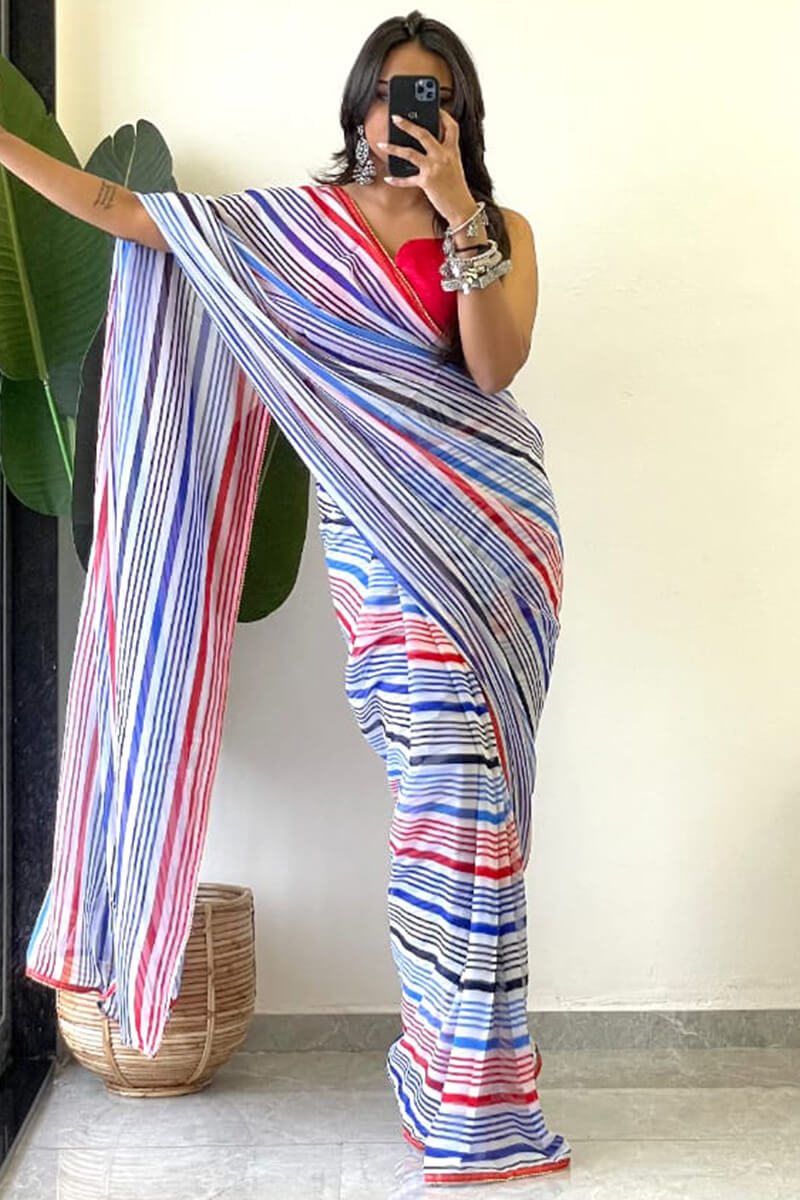 Amazing 1 Minute Ready To Wear Blue Georgette Saree