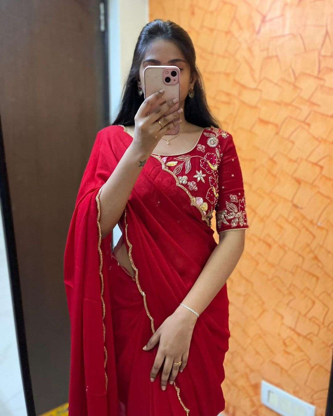 Beautiful 1 Minute Ready To Wear Red Georgette Saree
