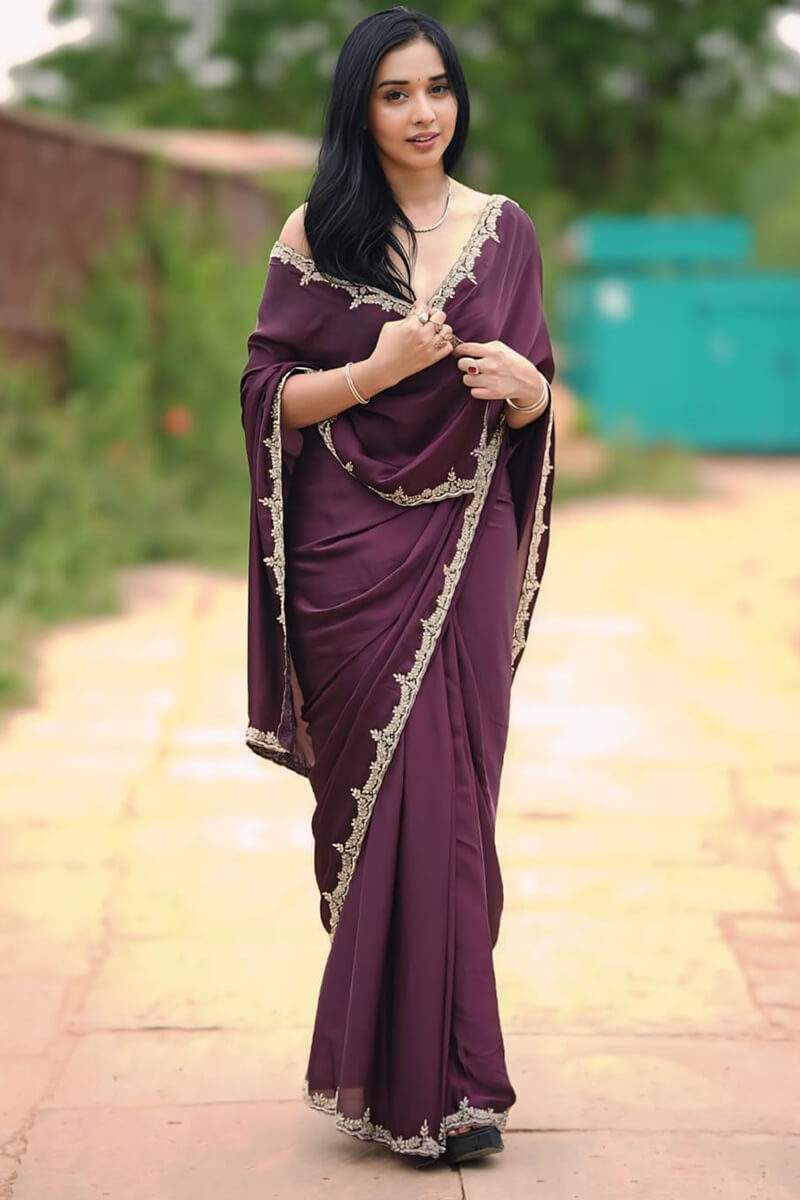 Prominent 1 Minute Ready To Wear Wine Satin Silk Saree