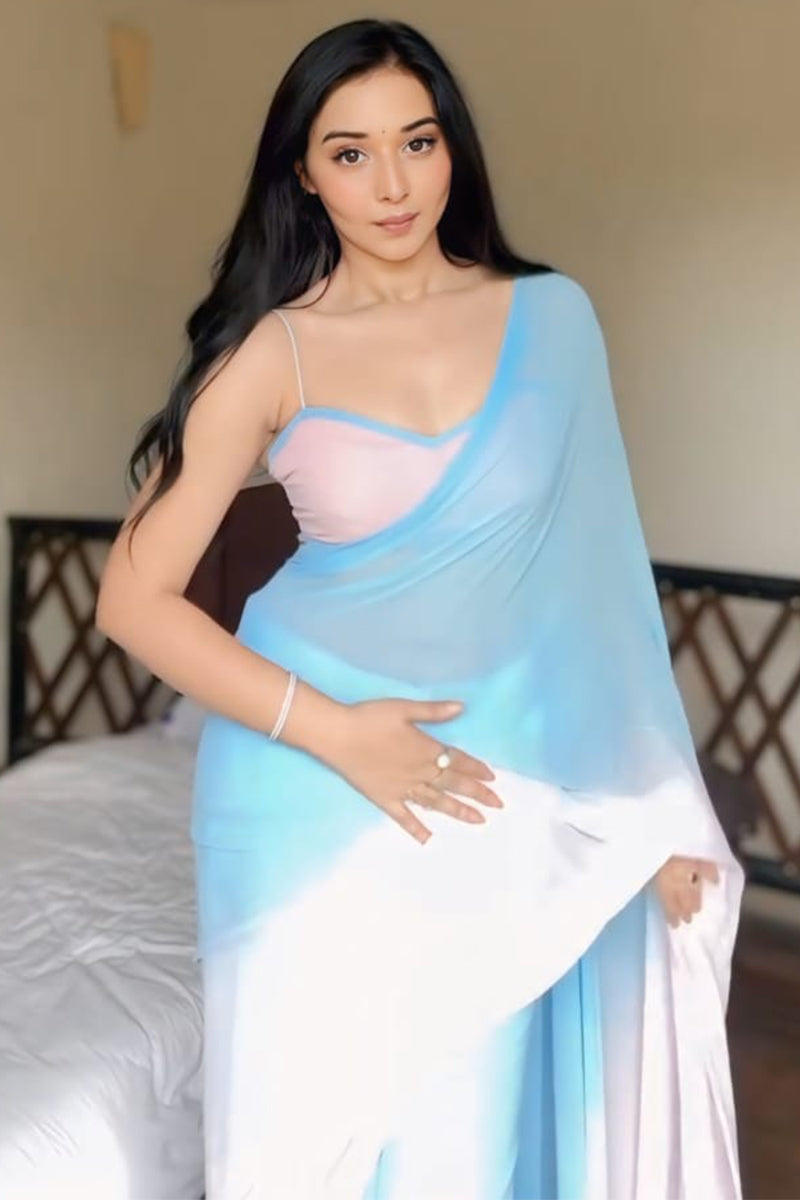Beauteous 1 Minute Ready To Wear Sky and Baby Pink Georgette Saree