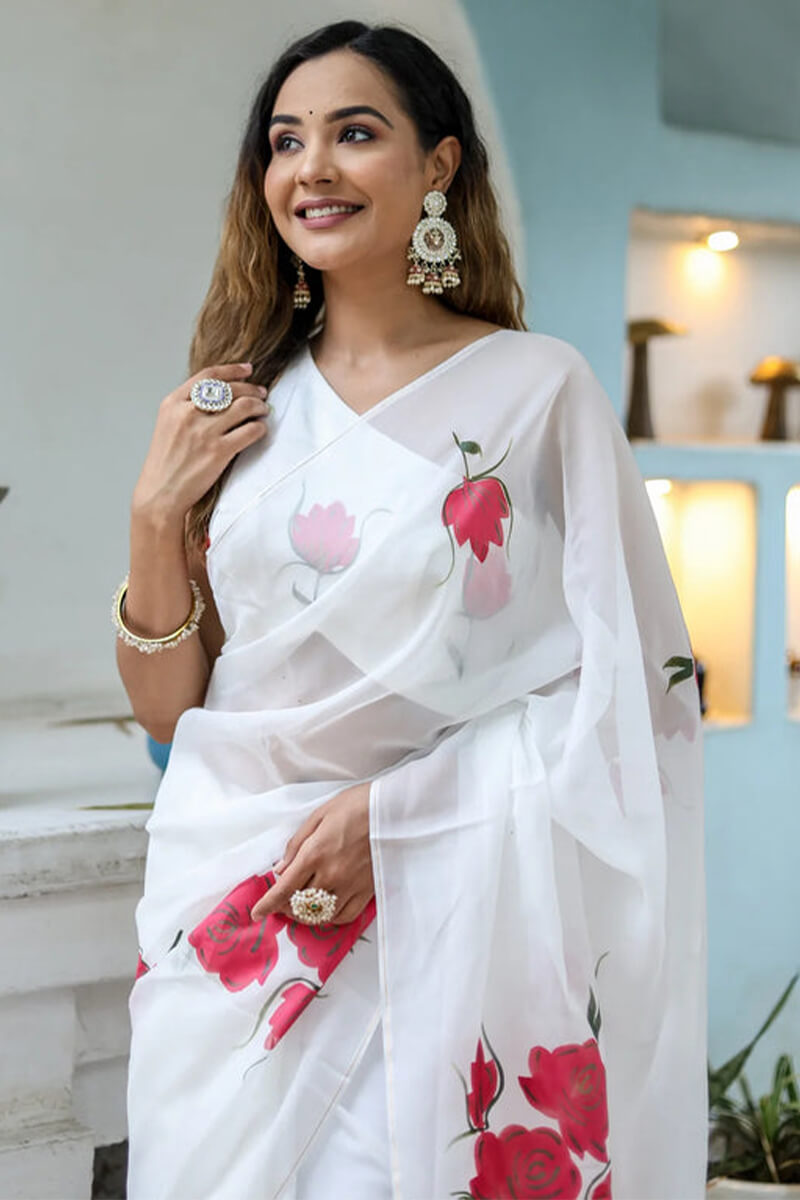 Gratifying 1 Minute Ready To Wear Off White Georgette Saree