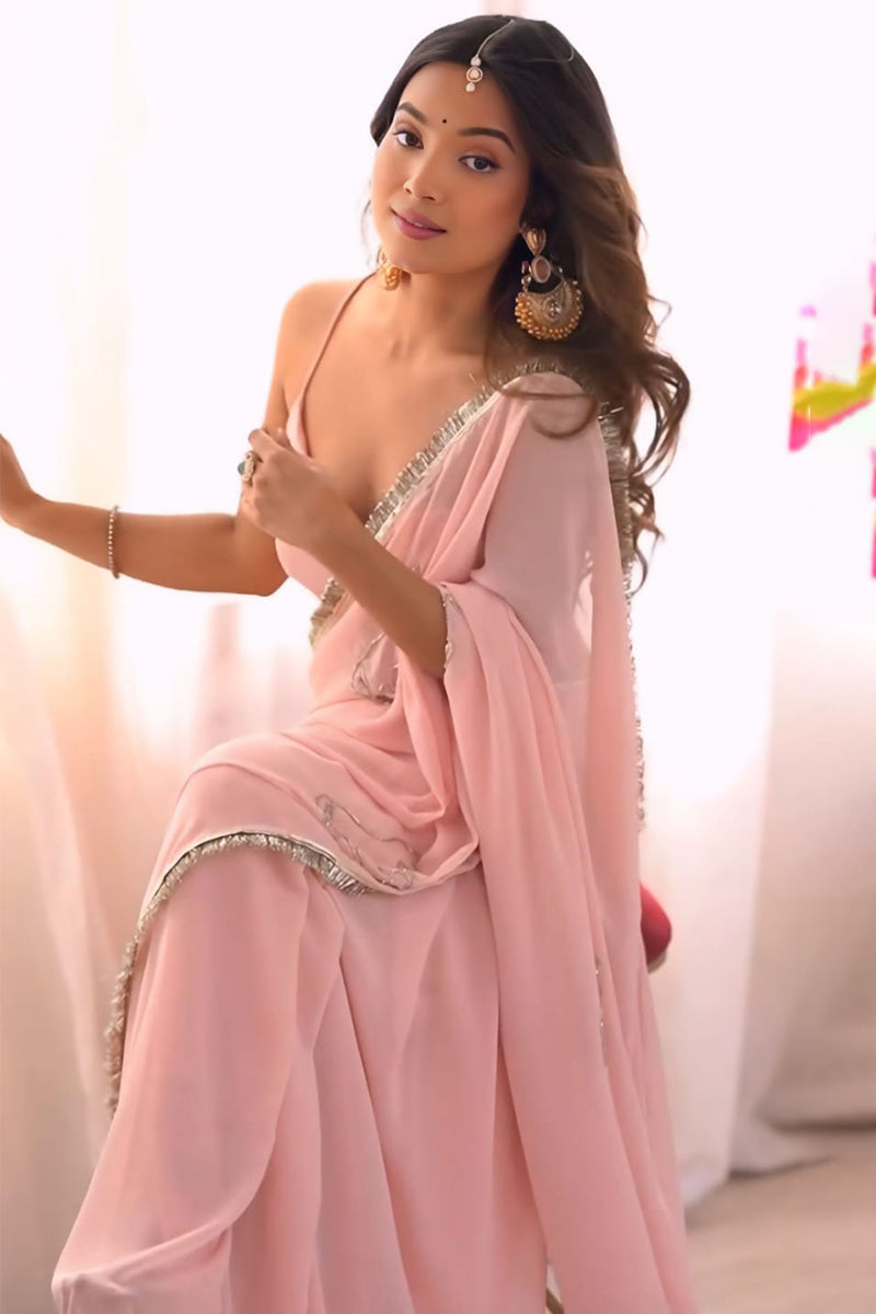 Denouement 1 Minute Ready To Wear Pink Georgette Saree