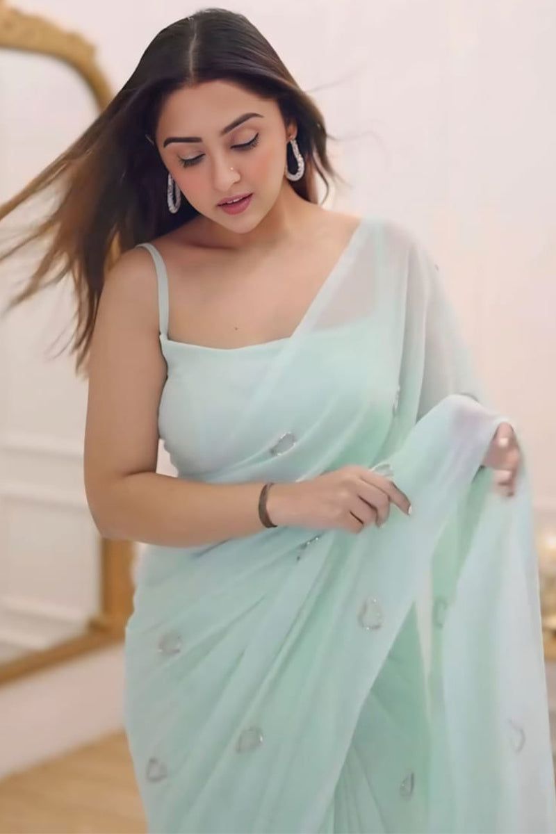 Gratifying 1 Minute Ready To Wear Turquoise Georgette Saree