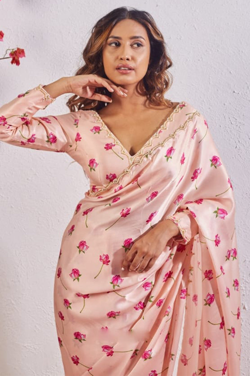 Admirable 1 Minute Ready To Wear Peach Satin Silk Saree