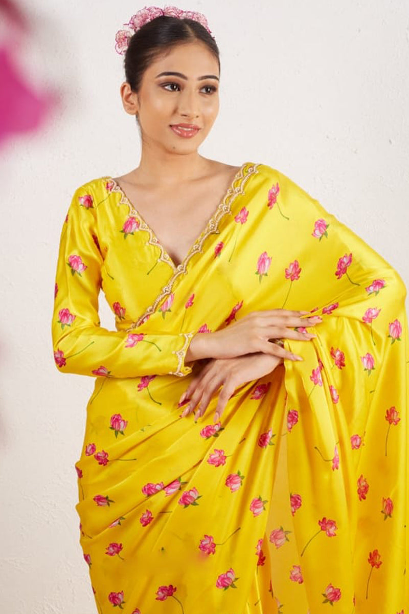 Redolent 1 Minute Ready To Wear Yellow Satin Silk Saree