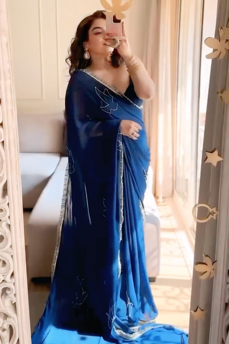 Charming 1 Minute Ready To Wear Navy Blue Georgette Saree