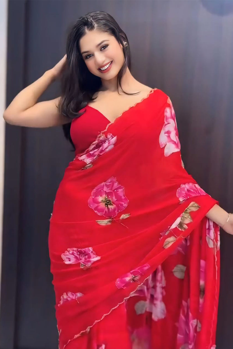 Capricious 1 Minute Ready To Wear Red Georgette Saree