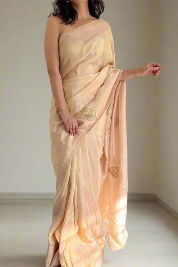 Arresting 1 Minute Ready To Wear Peach Malai Satin Silk Saree