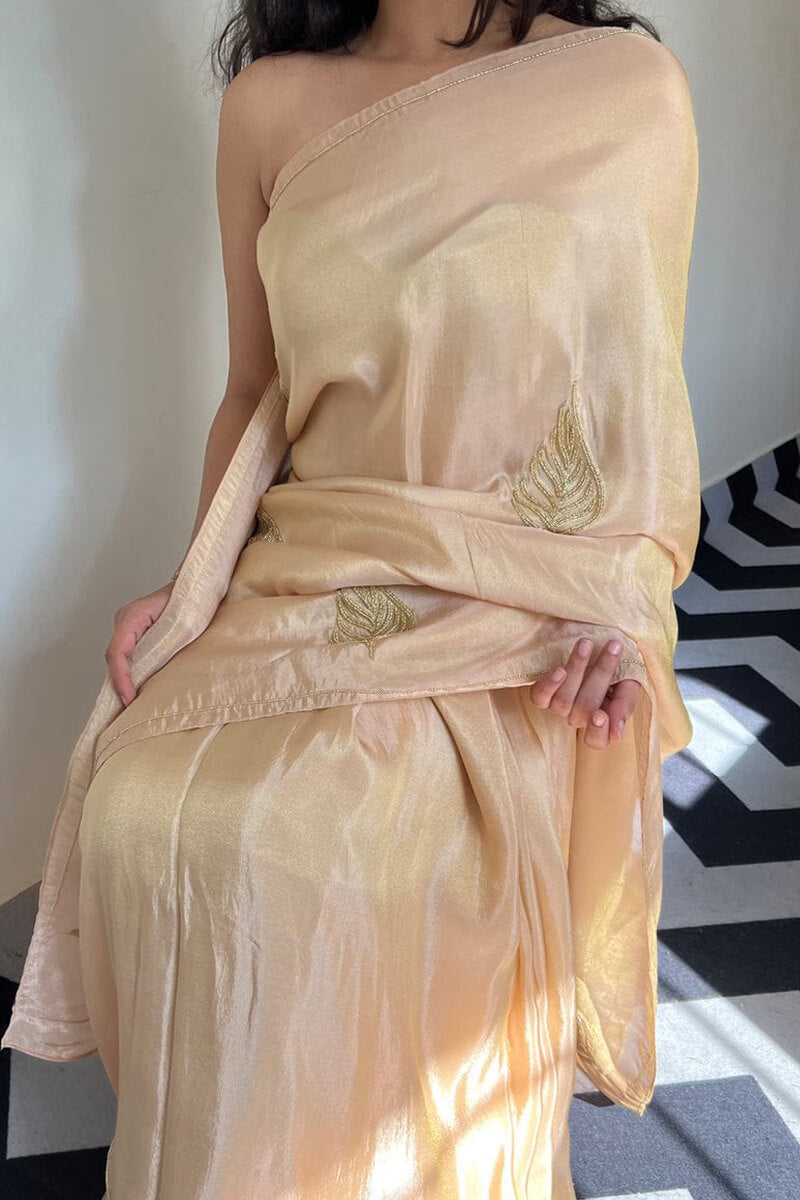 Arresting 1 Minute Ready To Wear Peach Malai Satin Silk Saree