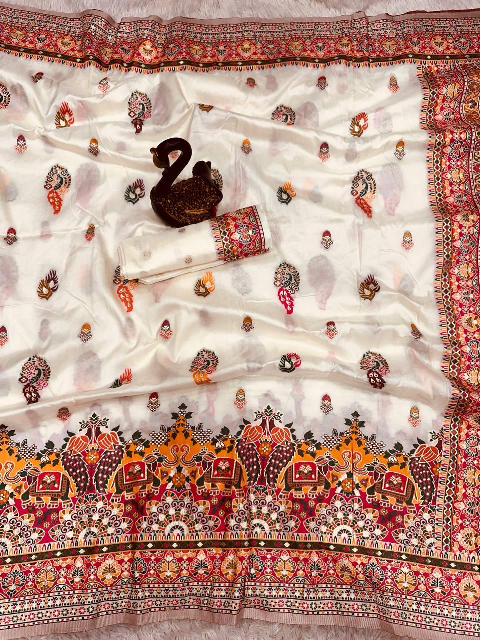 Glamorous Beige Pashmina Saree With Pulsating Blouse Piece