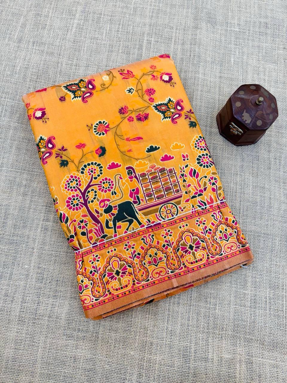 Hypnotic Yellow Pashmina Saree With Preferable Blouse Piece