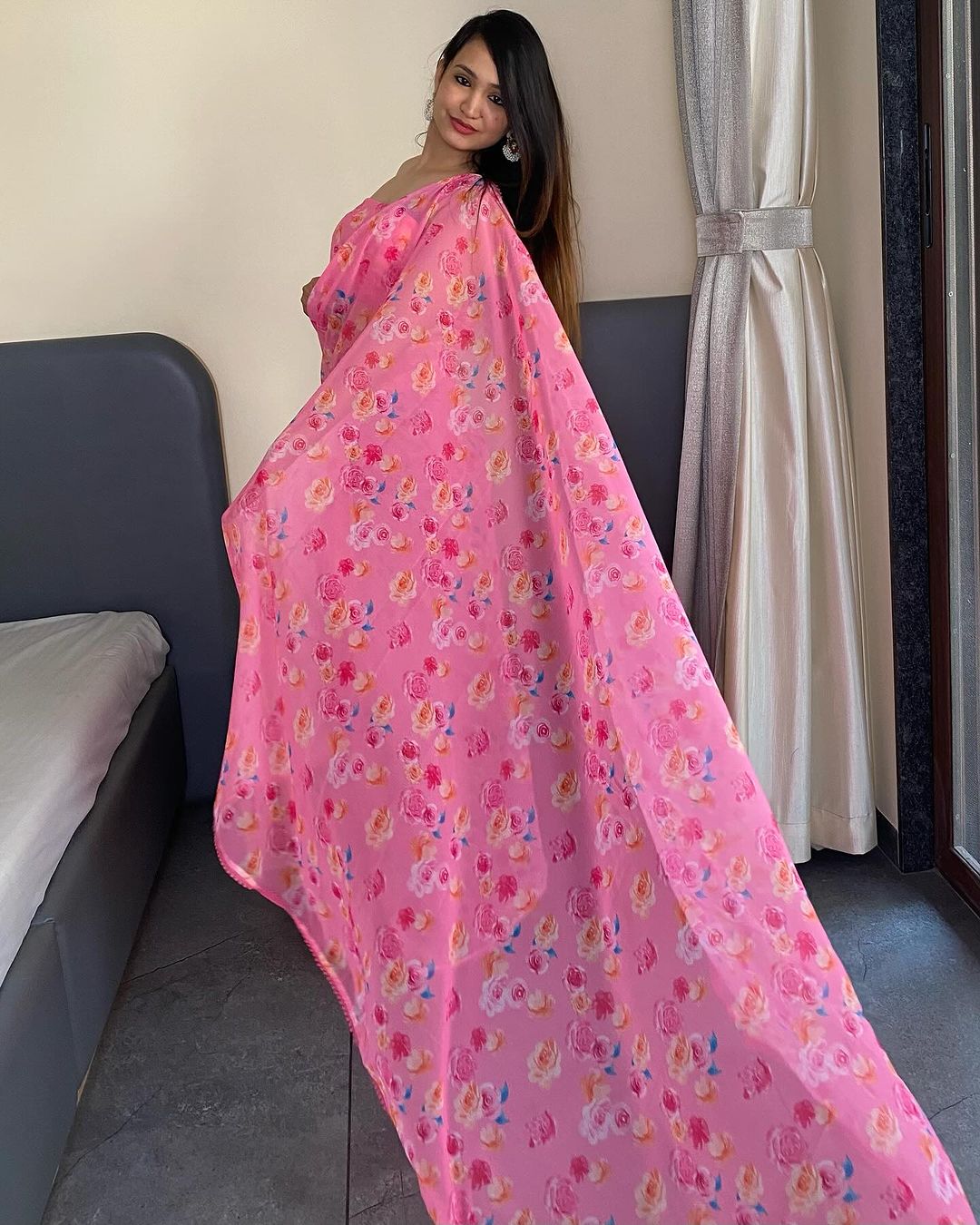 Light Pink Georgette Multicolor Floral Prints Lace Border Ready To Wear Saree With Unstitched Blouse
