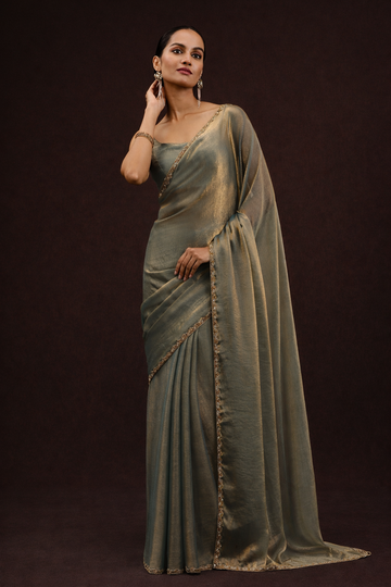 Metallic Gold Fendy Satin Silk Designer Saree with Elegant Border