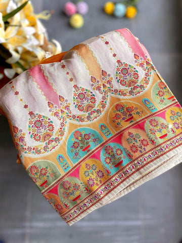 Stunner Beige Pashmina Saree With Desuetude Blouse Piece