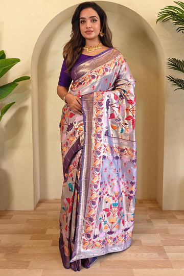 Wonderful Lavender Paithani Silk Saree With Alluring Blouse Piece