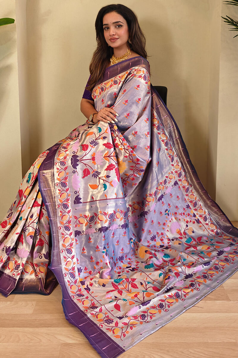 Wonderful Lavender Paithani Silk Saree With Alluring Blouse Piece