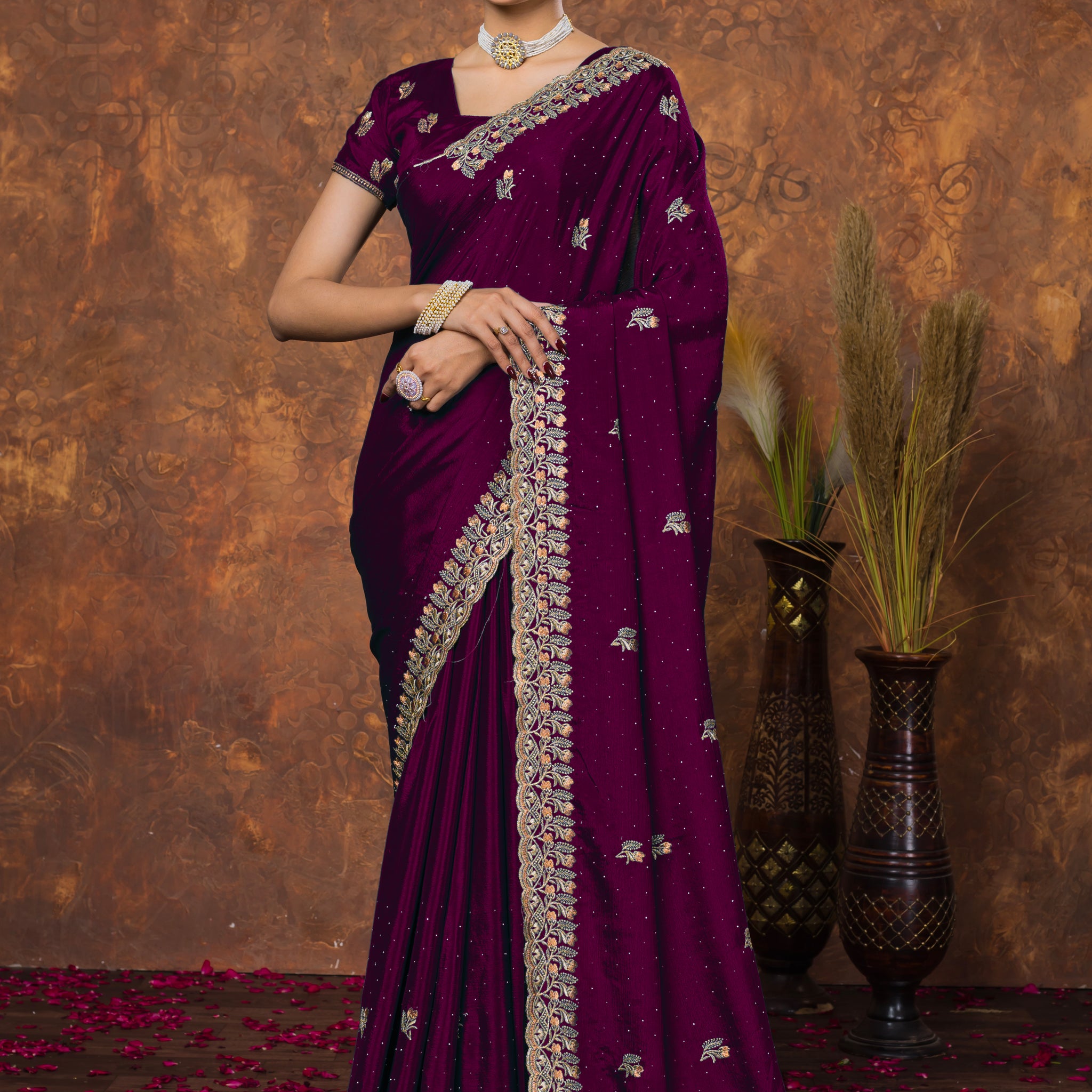 Elegant Deep Wine Chinon Embroidered with Swarovski Designer Border Party Wear Saree
