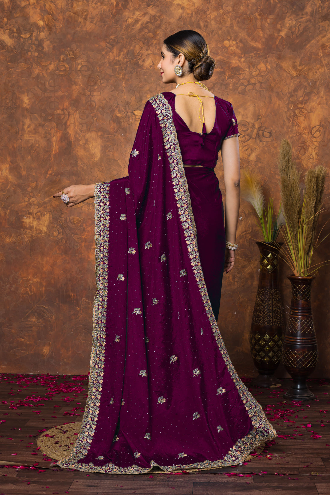 Elegant Deep Wine Chinon Embroidered with Swarovski Designer Border Party Wear Saree