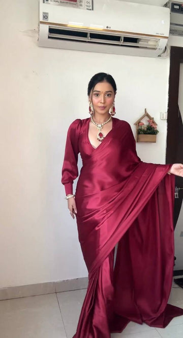 Maroon Satin Saree Ready To Wear Saree With Unstitched Blouse