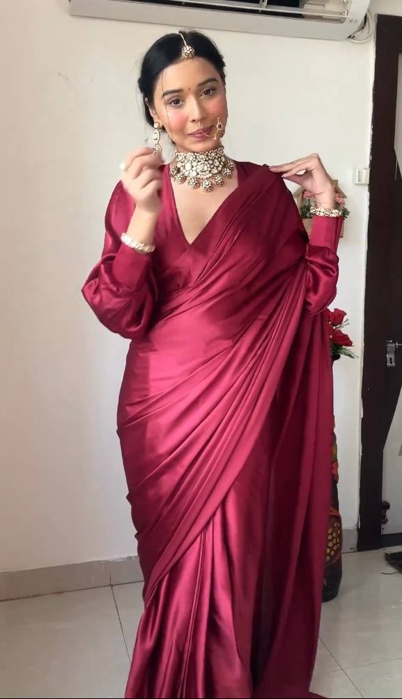 Maroon Satin Saree Ready To Wear Saree With Unstitched Blouse