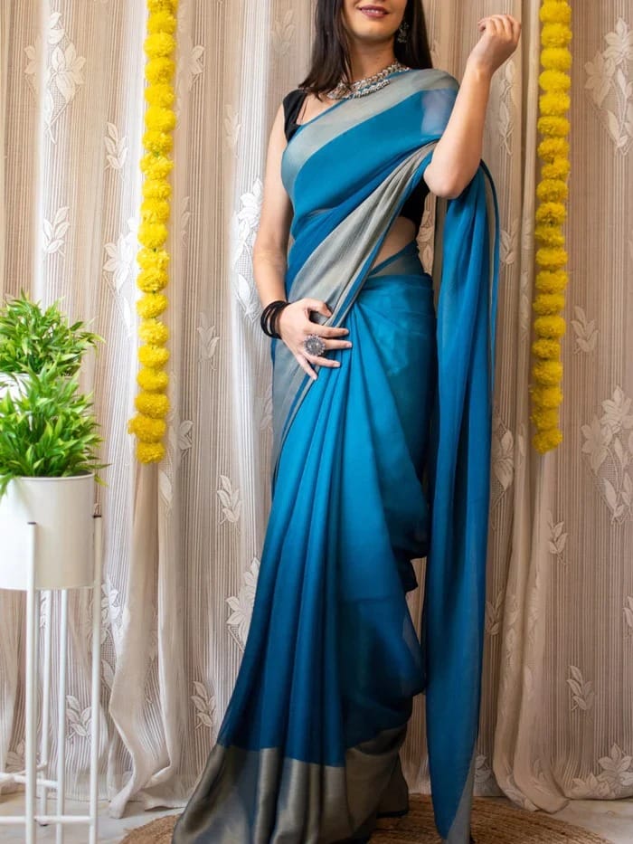 Teal Blue And Silver-gray  Border Chiffon Redy To Wear Saree With Unstitched Blouse