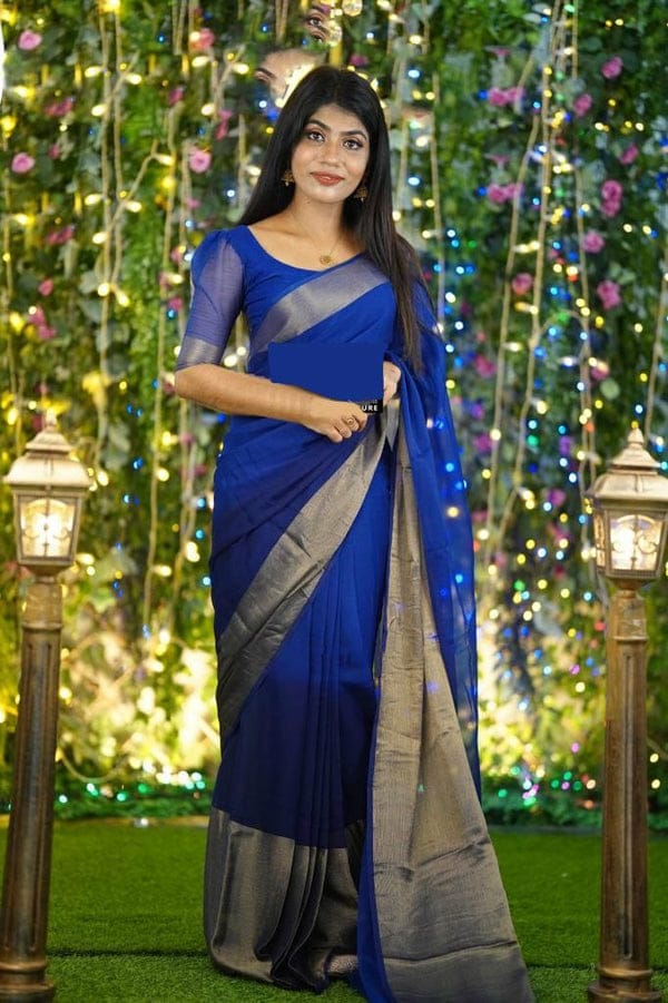 Blue Base Small Shiny Golden Border Chiffon Ready To Wear Saree With Unstitched Blouse