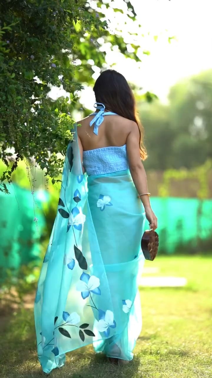 Ready To Wear Sky Blue Floral Organza Saree with Printed Pallu & Unstitched Blouse