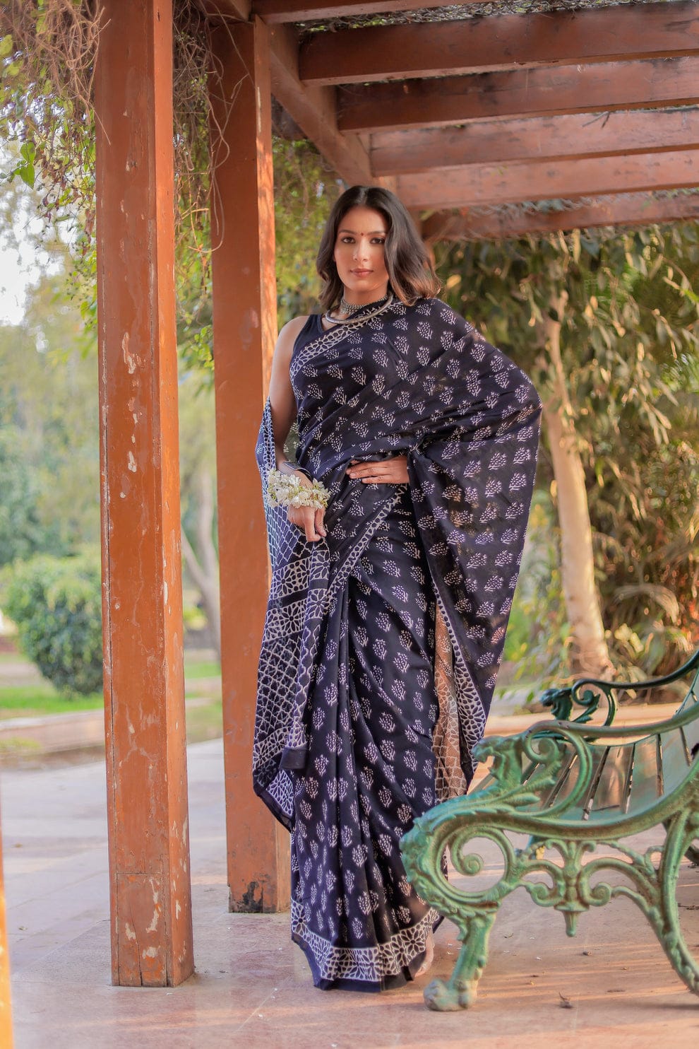 Black Soft Linen Silk Saree with Handblock Dabu Print  Timeless Artistry in Earthy Elegance