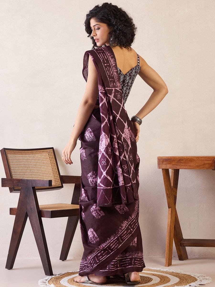 Maroon Ready to Wear Mul Mul Cotton Saree with Batik Print Work with blouse