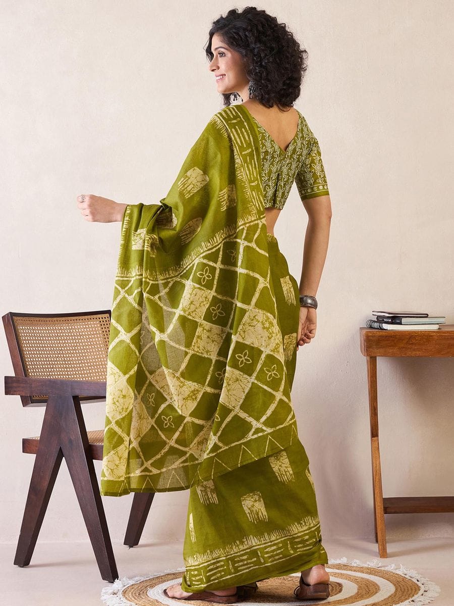 Olive Green Ready to Wear Mul Mul Cotton Saree with Batik Print Work with blouse
