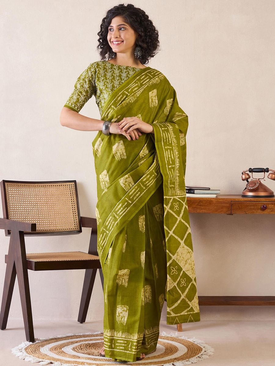 Olive Green Ready to Wear Mul Mul Cotton Saree with Batik Print Work with blouse