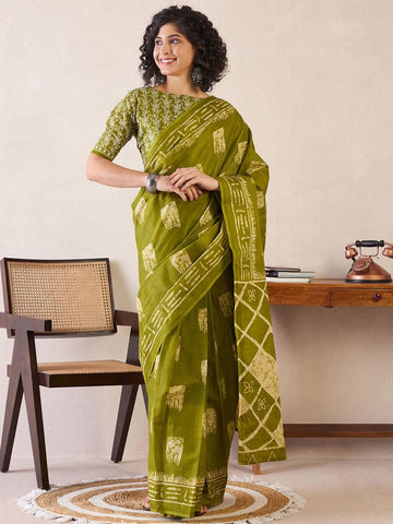 Olive Green Ready to Wear Mul Mul Cotton Saree with Batik Print Work with blouse