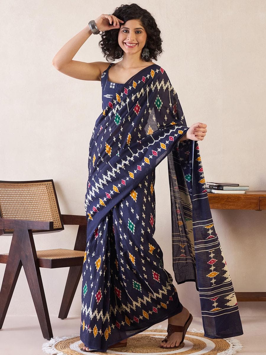 Navy Blue Ready to Wear Mul Mul Cotton Saree with Ikat Woven Work and Pocket with blouse