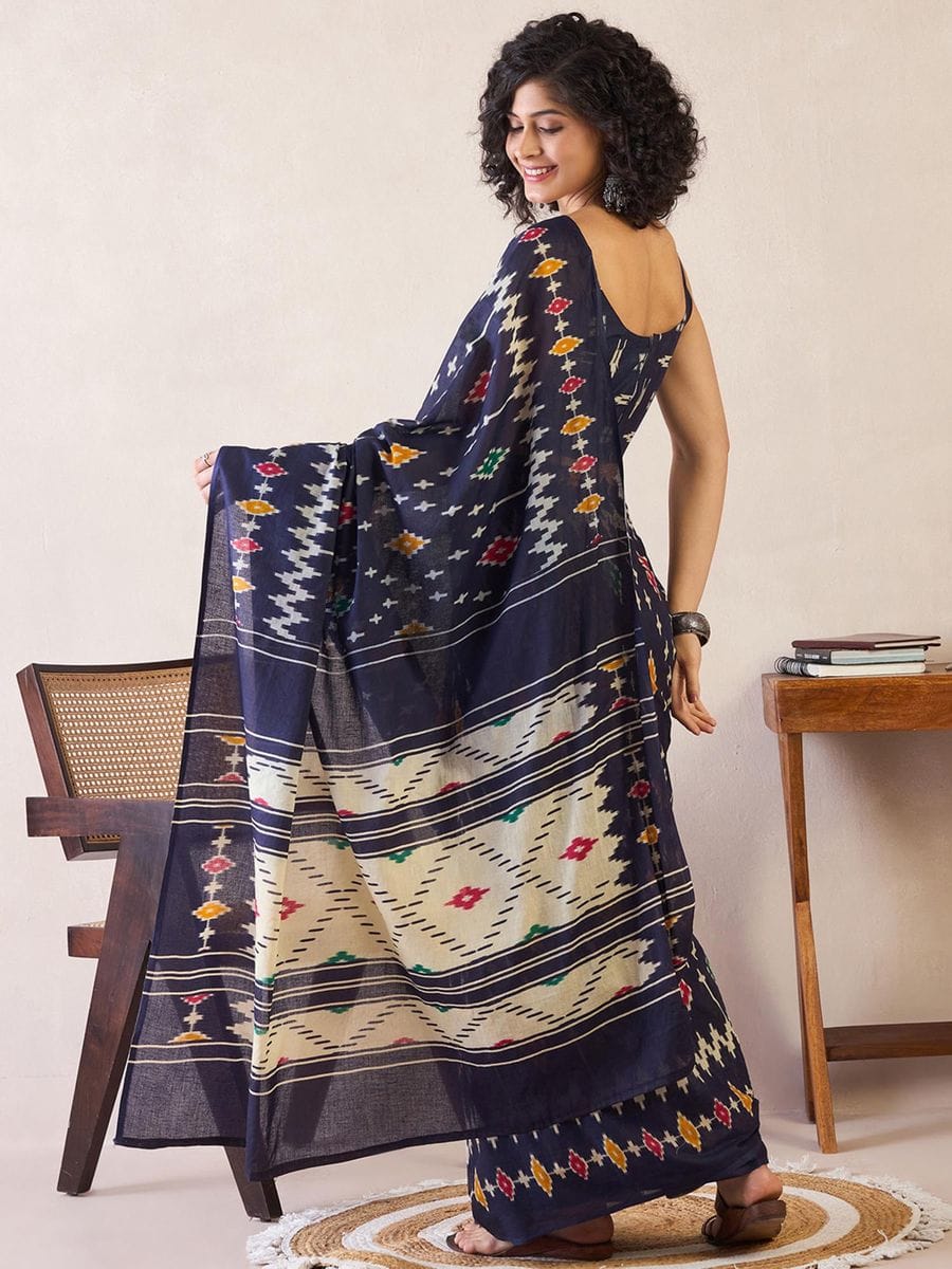 Navy Blue Ready to Wear Mul Mul Cotton Saree with Ikat Woven Work and Pocket with blouse