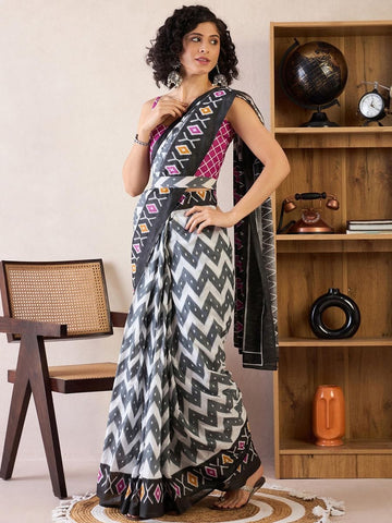 Grey and Black Mul Mul Cotton Ready to Wear Saree with Zigzag and Diamond Print with blouse