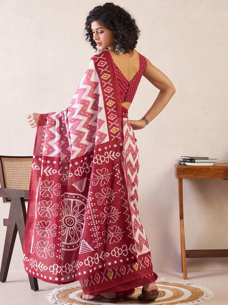 Maroon and White Mul Mul Cotton Ready to Wear Saree with Zigzag Print and Pocket with blouse