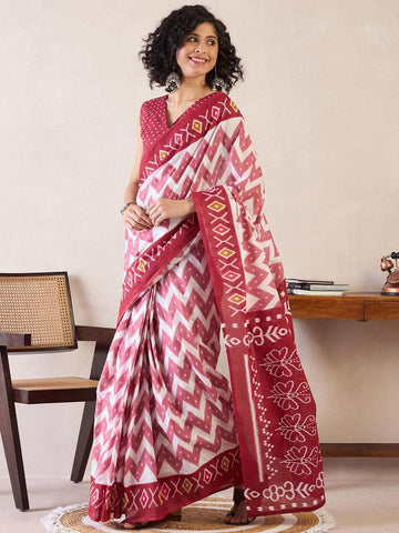 Maroon and White Mul Mul Cotton Ready to Wear Saree with Zigzag Print and Pocket with blouse