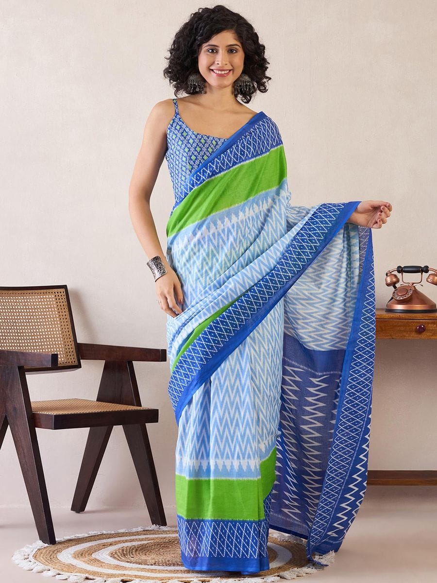 Blue and Green Mul Mul Cotton Saree with Ikat Print and Pocket with blouse