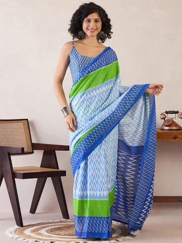 Blue and Green Mul Mul Cotton Saree with Ikat Print and Pocket with blouse